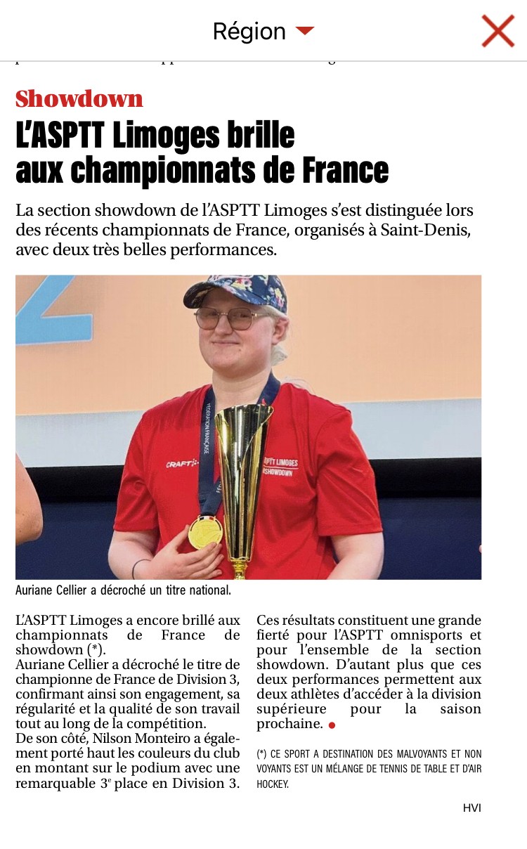 Article du Populaire du Centre - Auriane Cellier, étudiante à l’ESRP-IFMK, championne de France de showdown