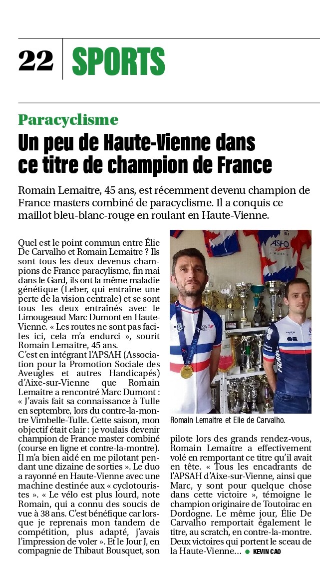 Article du Populaire du Centre - &Eacute;lie De Carvalho et Romain Lemaitre sacr&eacute;s champions de France de paracyclisme